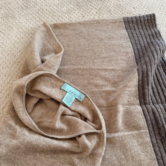 Celeste Wool Cashmere Blend Poncho Wrap Tan Brown Ribbed Trim One Size RN 107687 - Picture 4 of 4